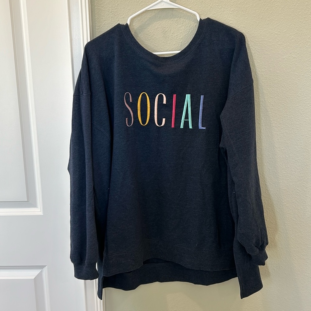 Wildfox Navy Blue Oversized sweatshirt w/ “Social” colorful embroidery